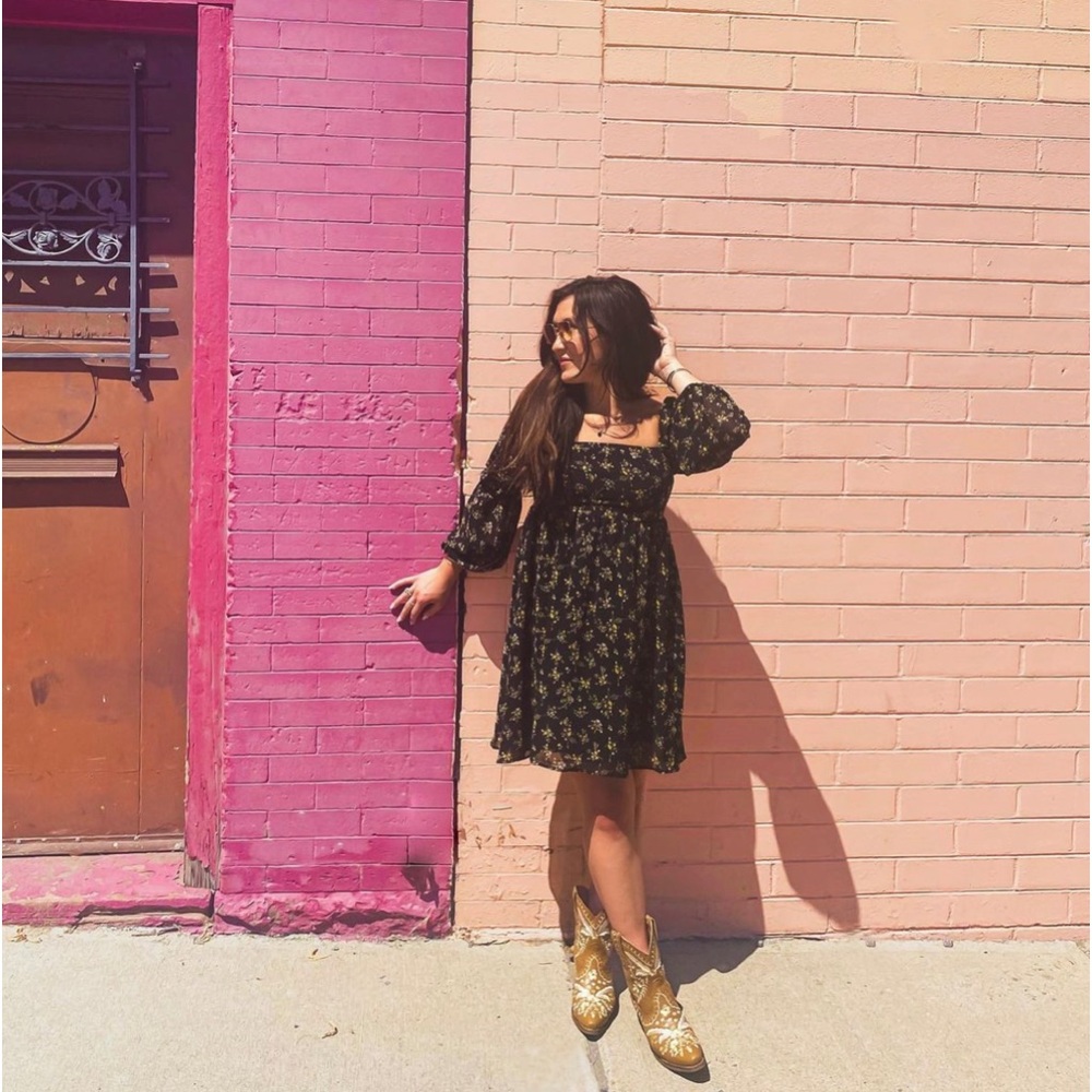 Black Floral A-line, square neck, puff sleeve, long sleeve mini dress